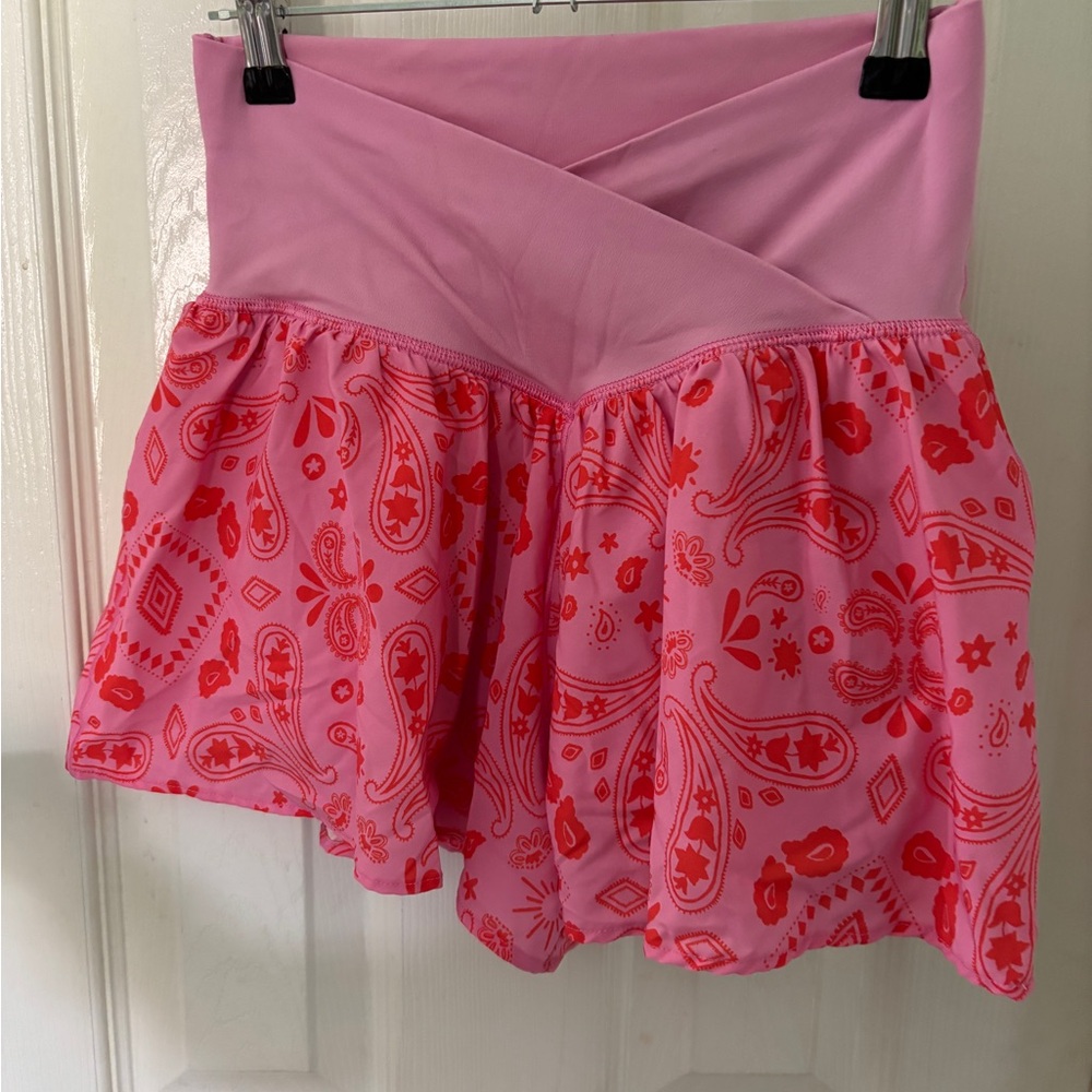 Pink Athletic Shorts with Red Paisley Design